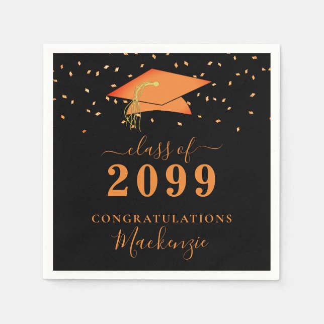 Graduation Cap Black Orange Confetti Script Napkins (Front)