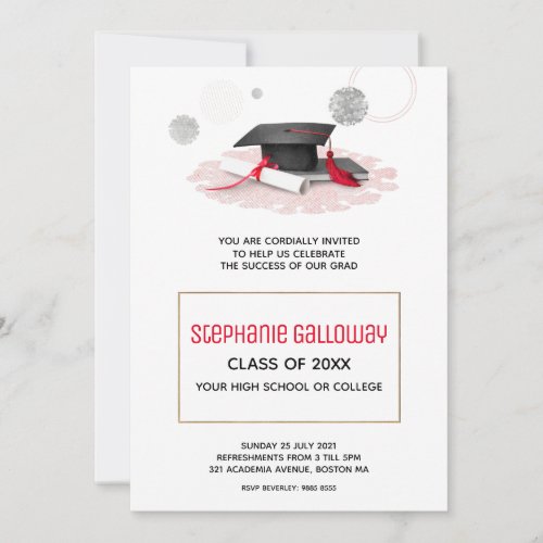 Graduation Cap Black  White Red Glitter Frame  In Invitation