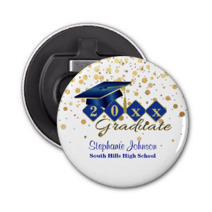Graduation Cap Blue Gold Confetti Personalized Bottle Opener