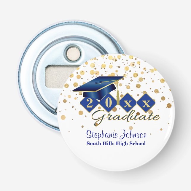 Graduation Cap Blue Gold Confetti Personalized Bottle Opener (Front)