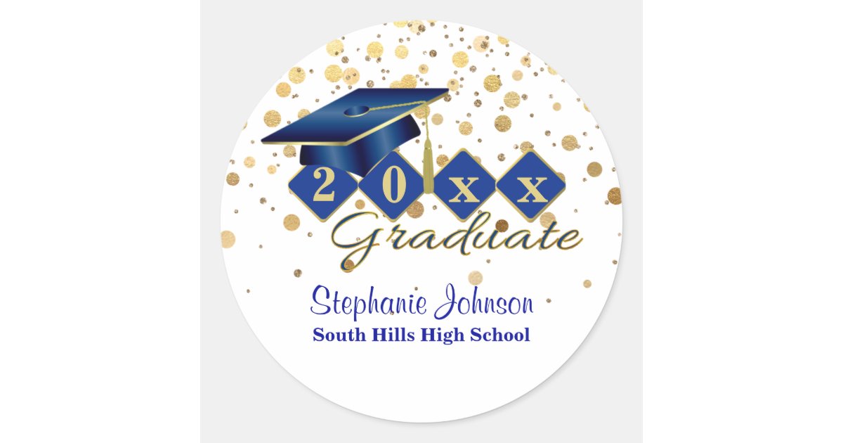 Graduation Cap Blue Gold Confetti Personalized Classic Round Sticker ...