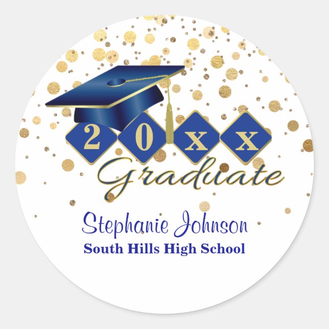 Graduation Cap Blue Gold Confetti Personalized Classic Round Sticker (Front)