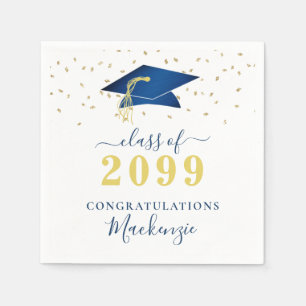 Graduation Cap Blue Gold Confetti Script Napkins