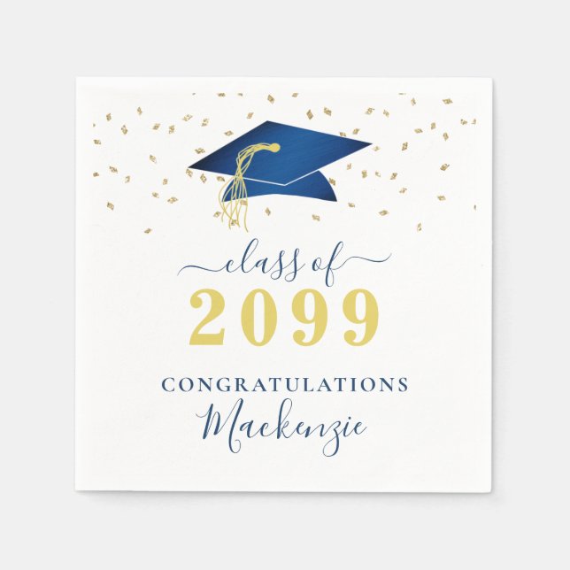 Graduation Cap Blue Gold Confetti Script Napkins (Front)