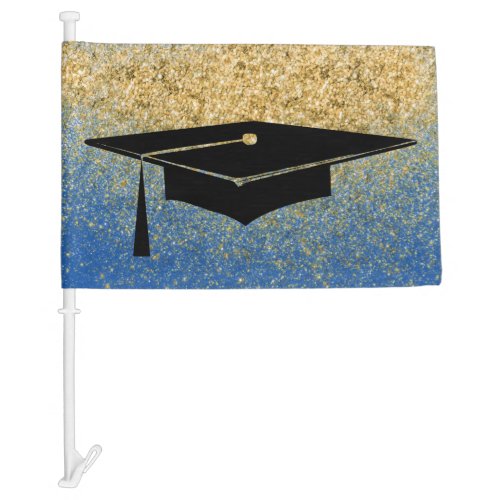 Graduation Cap Blue Gold Glitter Car Flag