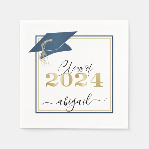 Graduation Cap Blue Gold Script Class of 2024 Napkins