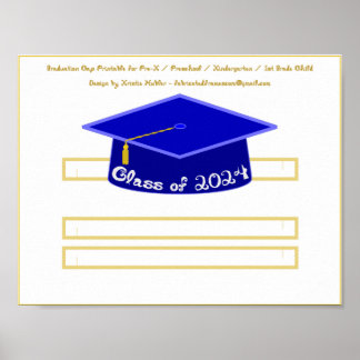Graduation Cap Blue Hat Class 2024 White Glitter Poster