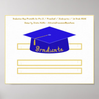 Graduation Cap Blue Paper Hat Gold Graduate Poster