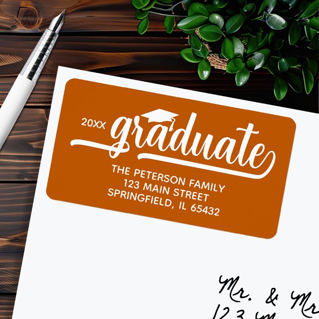 Graduation Cap Burnt Orange Return Address Label (Graduation script burnt orange return address labels, 2.375" x 1.25", 18 labels per sheet)