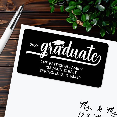 Graduation Cap Chic Script Black Return Address Label