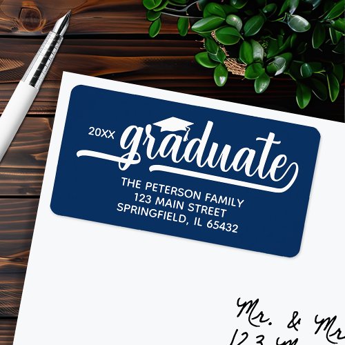 Graduation Cap Chic Script Blue Return Address Label