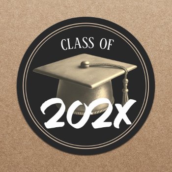 Graduation Cap Class Of 2024 Modern Black & Gold Classic Round Sticker by myinvitation at Zazzle