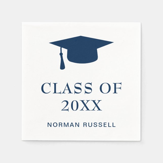 Graduation Cap Class Of Navy Blue and White Napkins (Front)