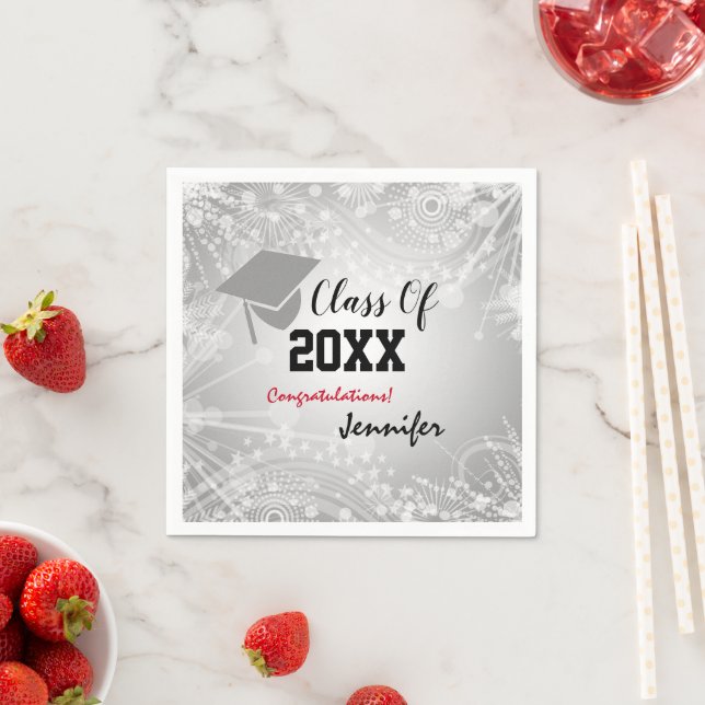 Graduation Cap, Class Year 20XX party Silver Napkins (Insitu)
