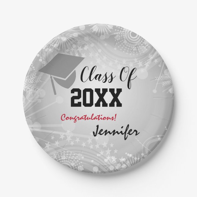Graduation Cap, Class Year 20XX party Silver Paper Plates (Front)