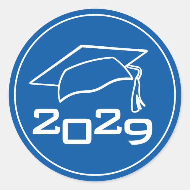 Graduation Cap Class Year Blue Classic Round Sticker (Front)
