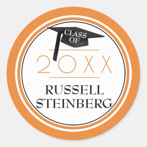 Graduation Cap Class Year Name Orange Black Classic Round Sticker
