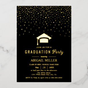 Graduation cap confetti Class Of 2025 black Foil Invitation