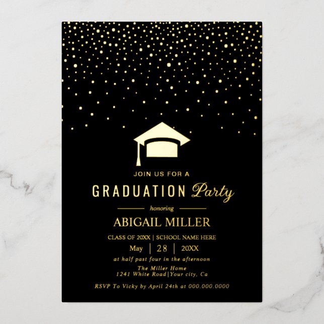 Graduation cap confetti Class Of 2025 black Foil Invitation (Front)