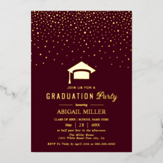 Graduation cap confetti Class Of 2025 burgundy Foil Invitation