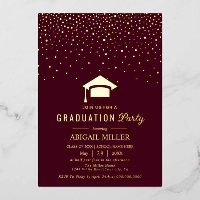 Graduation cap confetti Class Of 2025 burgundy Foil Invitation (Front)