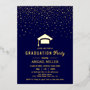 Graduation cap confetti Class Of 2025 navy blue Foil Invitation