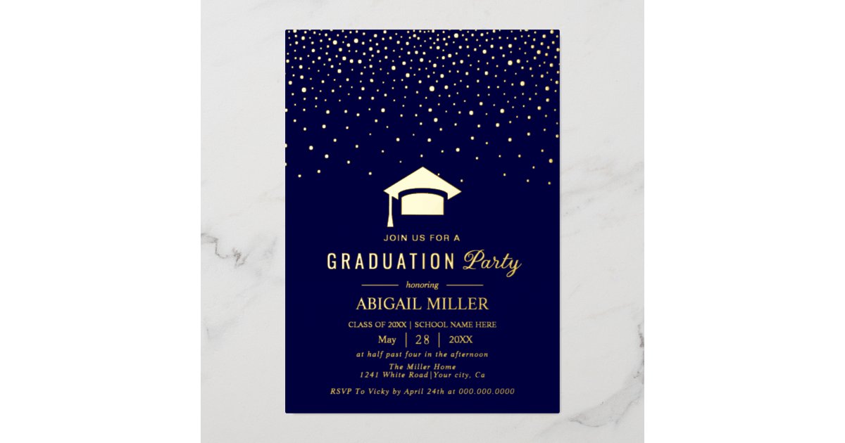 Graduation cap confetti Class Of 2025 navy blue Foil Invitation | Zazzle