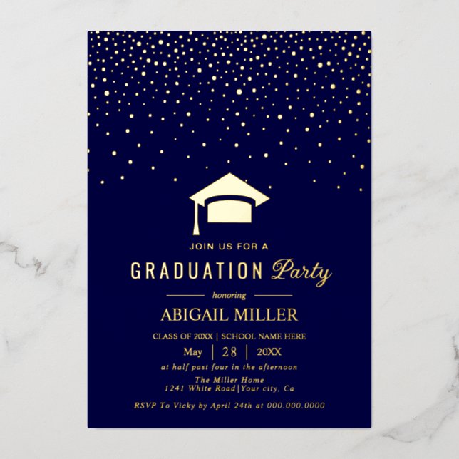 Graduation cap confetti Class Of 2025 navy blue Foil Invitation (Front)