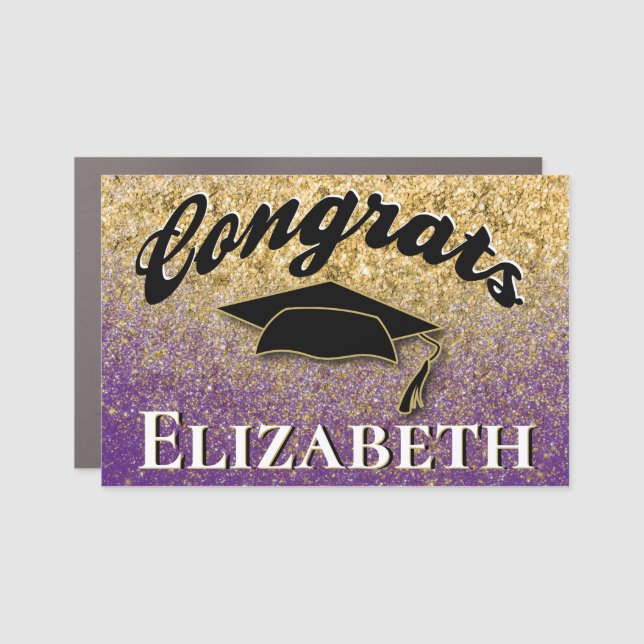 Graduation Cap Congratulations Gold Purple Car Magnet (Front)