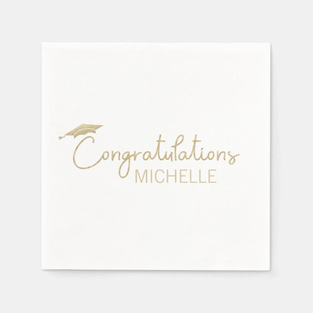 Graduation Cap Congratulations Gold White Script Napkins (Front)