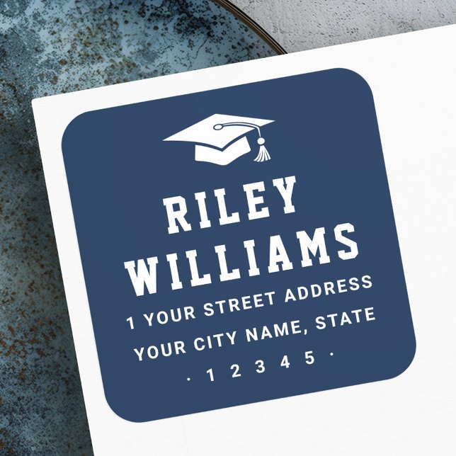 Graduation cap dark blue return address square sticker (Graduation cap dark blue return address square sticker)