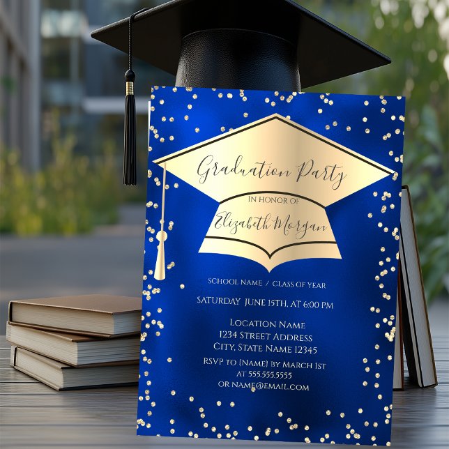 Graduation Cap,Diamonds Blue Metallic Graduation Invitation (Creator Uploaded)