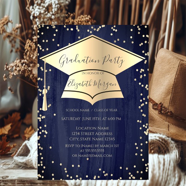 Graduation Cap,Diamonds Frame Navy Blue Graduation Invitation (Creator Uploaded)