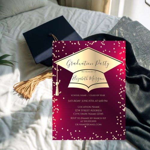 Graduation Cap,Diamonds Frame Red Graduation Invitation
