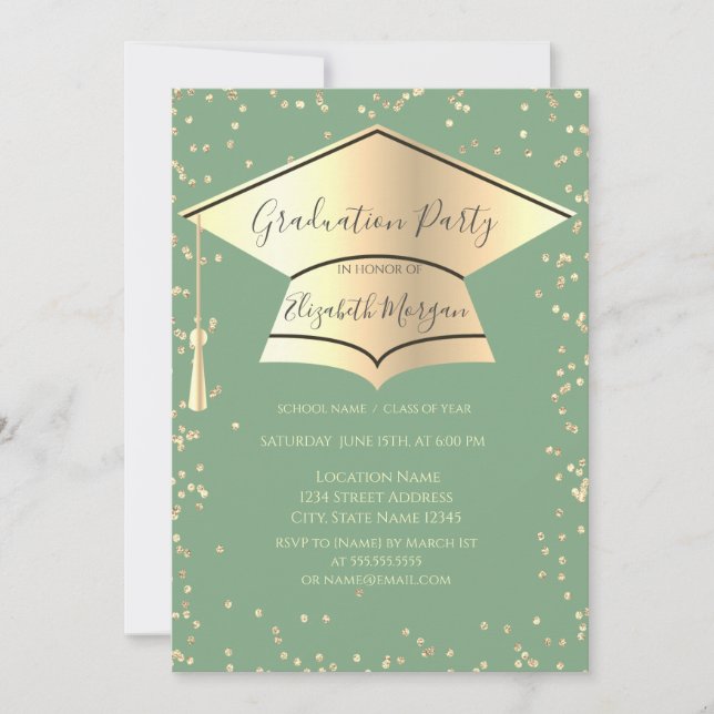 Graduation Cap,Diamonds Green Graduation Invitation (Front)