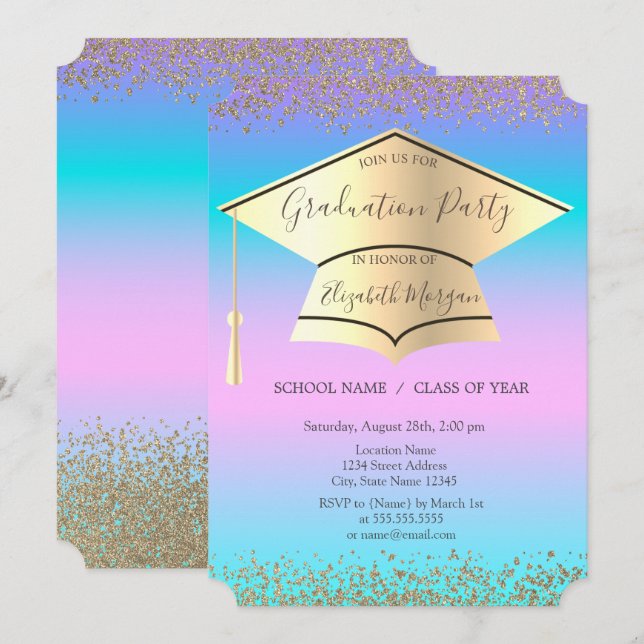 Graduation Cap,Diamonds Holographic Graduation Invitation (Front/Back)