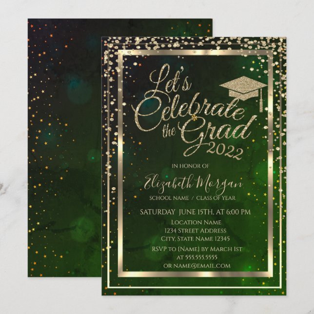 Graduation Cap Diamonds Stars Green Graduation   Invitation (Front/Back)