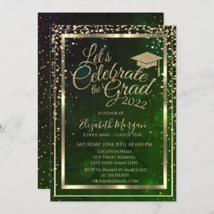 Graduation Cap Diamonds Stars Green Graduation Invitation
