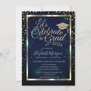 Graduation Cap Diamonds Stars Navy Blue Invitation
