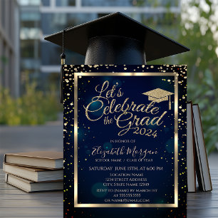 Graduation Cap Diamonds Stars Navy Blue Invitation