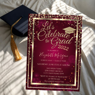 Graduation Cap Diamonds Stars Red Graduation Invitation
