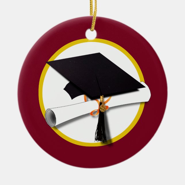 Graduation Cap & Diploma - Dark Red Background Ceramic Ornament (Front)