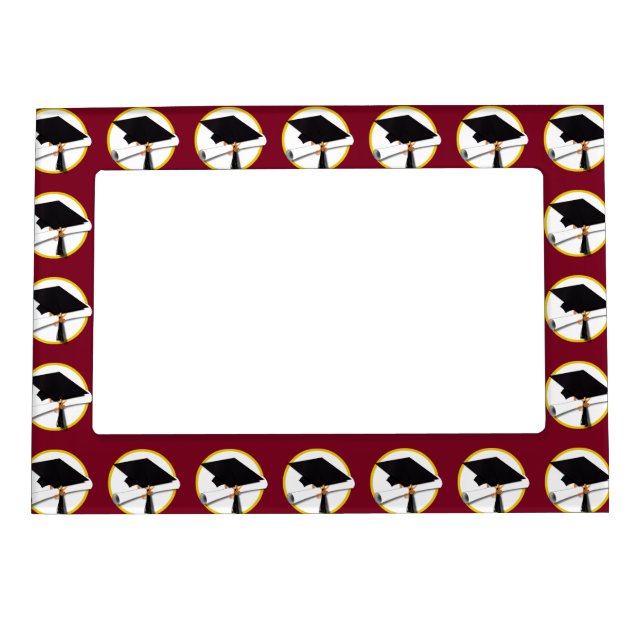 Graduation Cap & Diploma - Dark Red Background Magnetic Frame (Front)