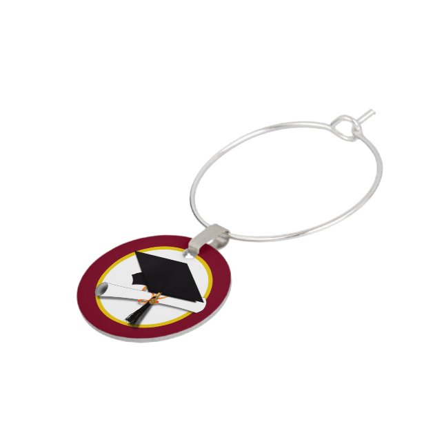 Graduation Cap & Diploma - Dark Red Background Wine Glass Charm (Side)