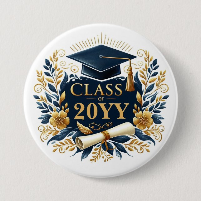 Graduation Cap, Diploma, Flowers Class of Button (Front)