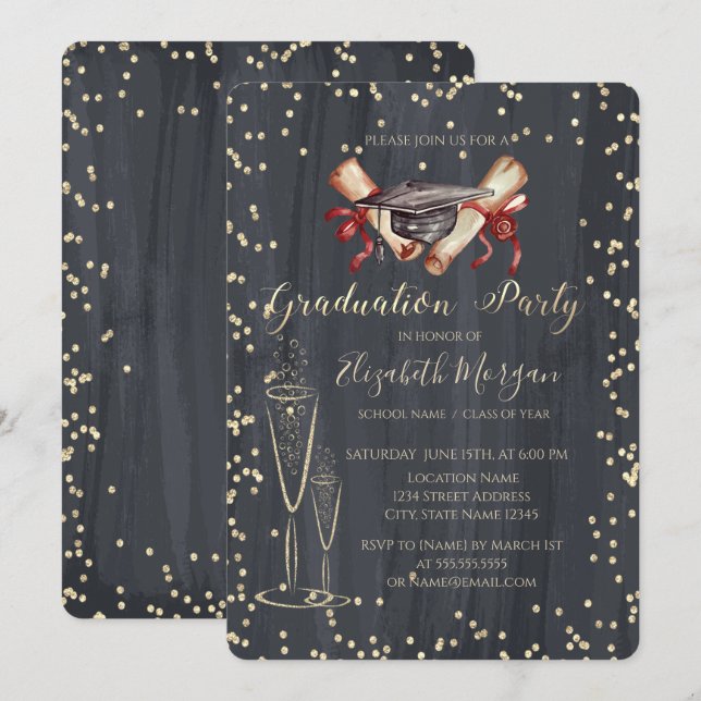 Graduation Cap,Diploma Glass Diamonds Graduation  Invitation (Front/Back)