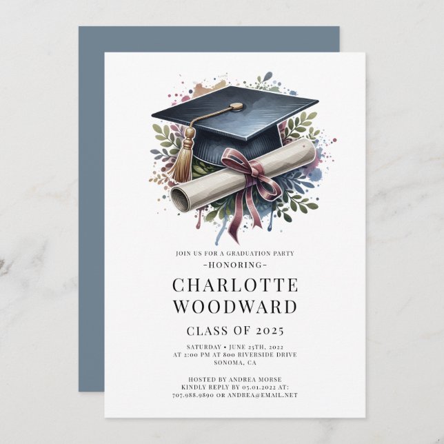 Graduation Cap & Diploma Grad Party 2025 Invitation (Front/Back)