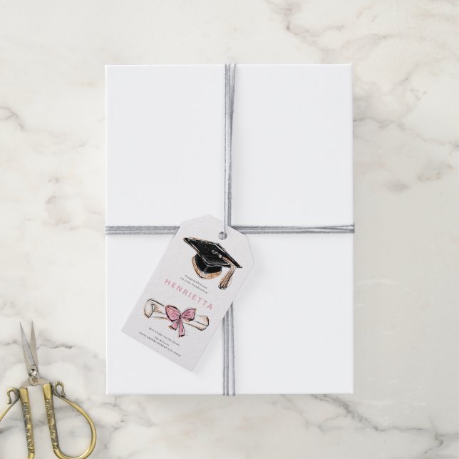 Graduation Cap Diploma Pink Bow Sketch Gift Tag (With Twine)