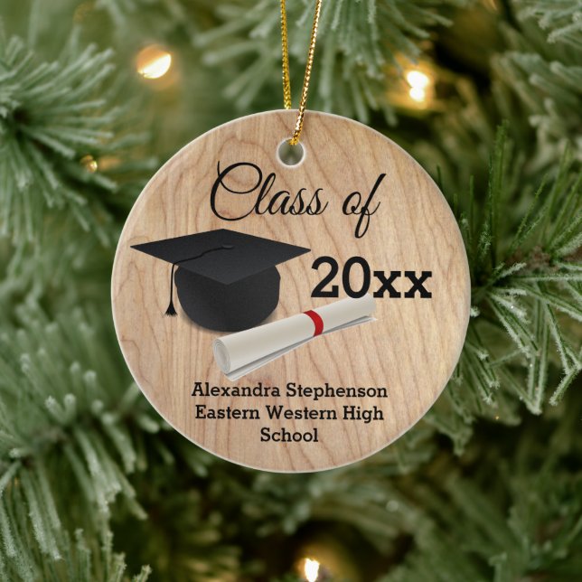 Graduation Cap Diploma Wood-Look Customized Ceramic Ornament (Tree)