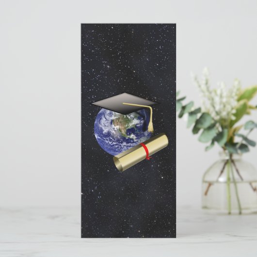Graduation Cap, Earth w/diploma - Star Background (Standing Front)